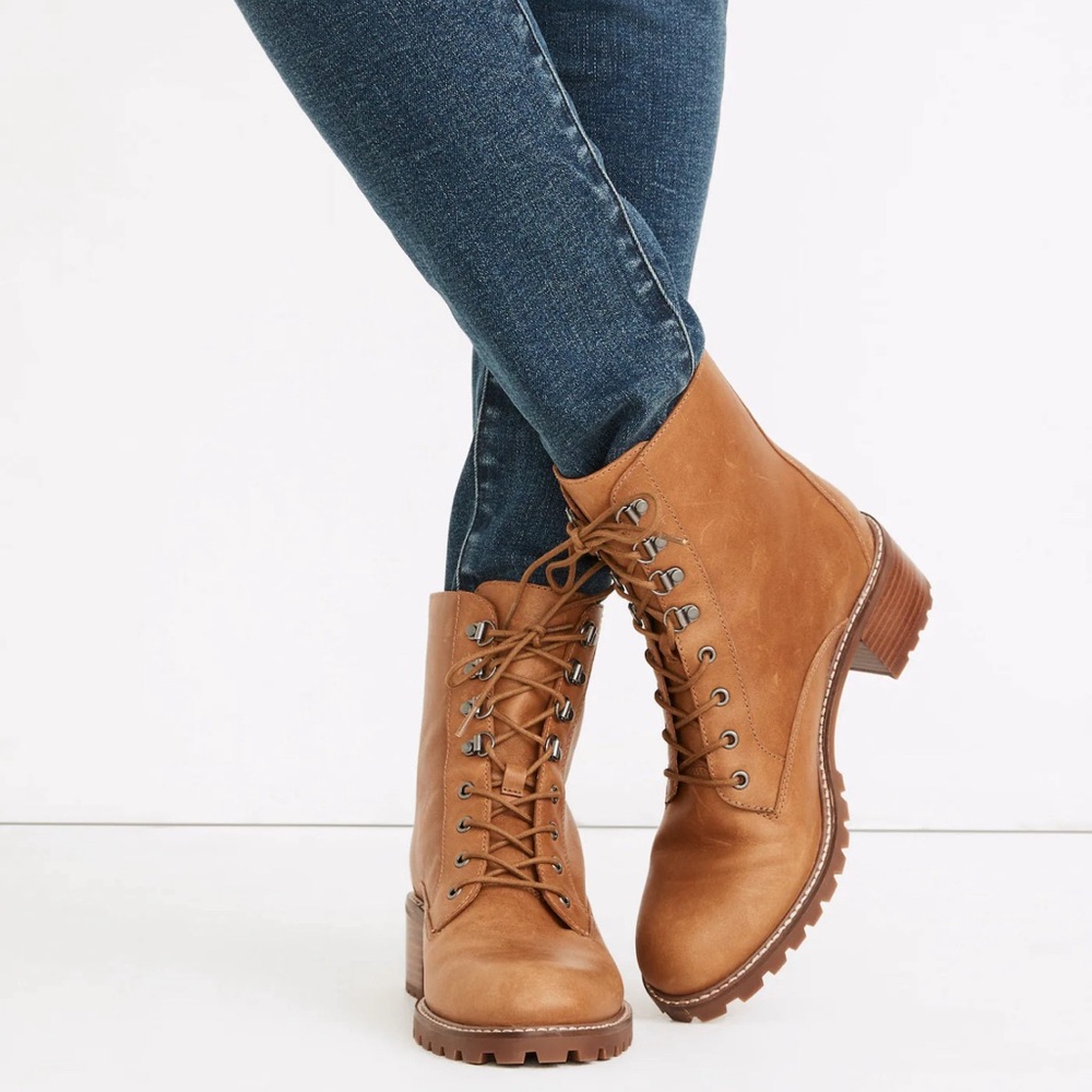 Madewell Julien Lace Up Lug Sole Boots Tan Combat Utility Cottagecore Autumn